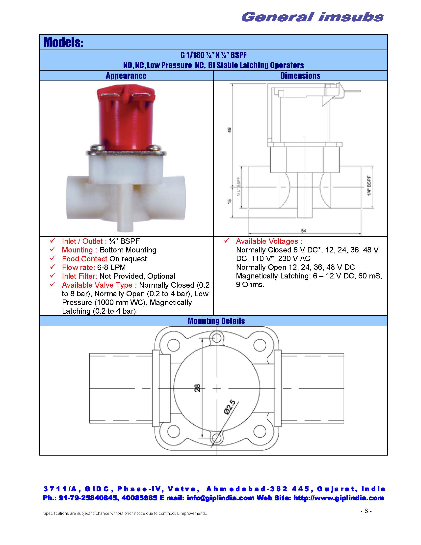 straight, 1/4" BSP female threaded NO valve