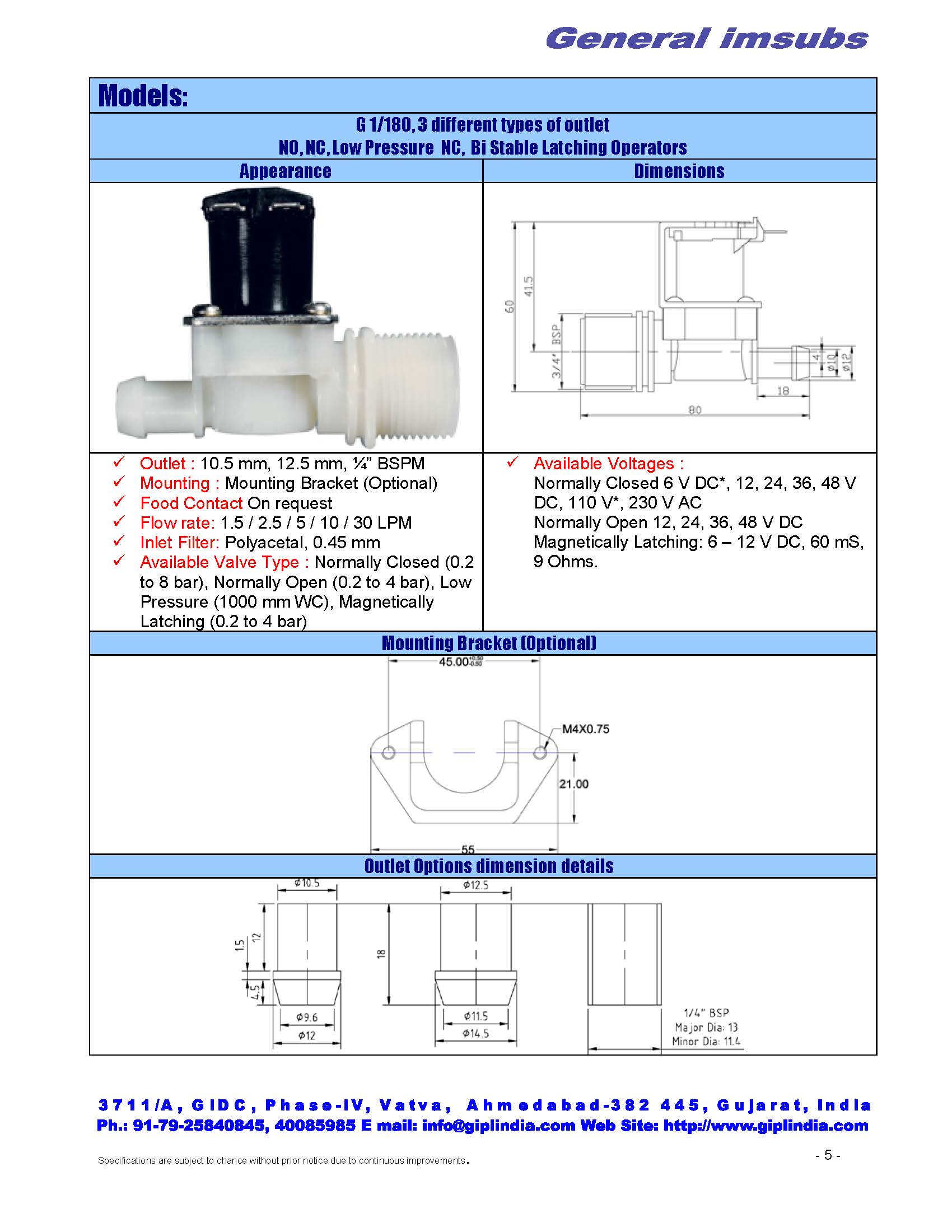 bistable latching solenoid valve, 3/4" inlet, 3 type of outlets