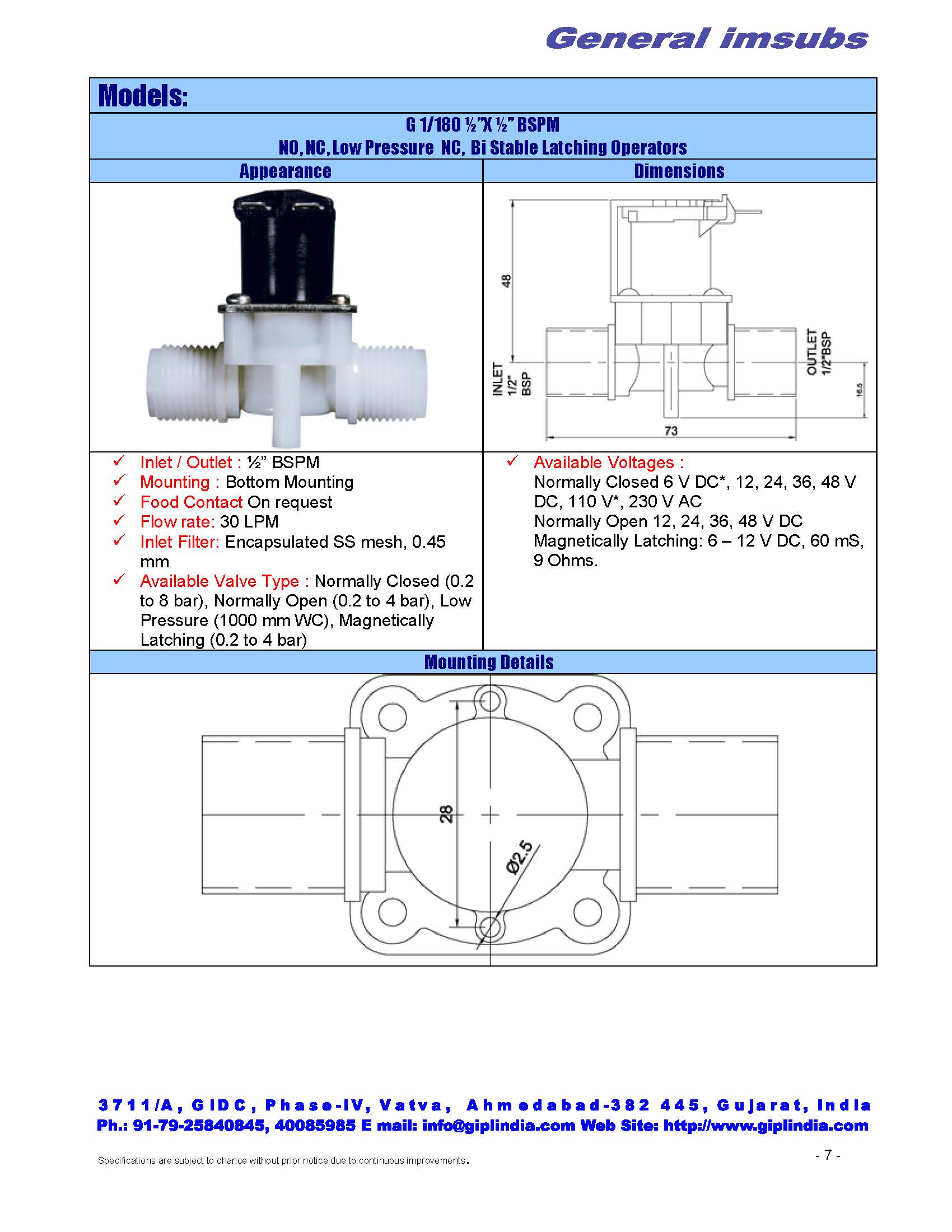 G1180 1/2" BSP Straight — Normally-Closed Solenoid Valve Specs